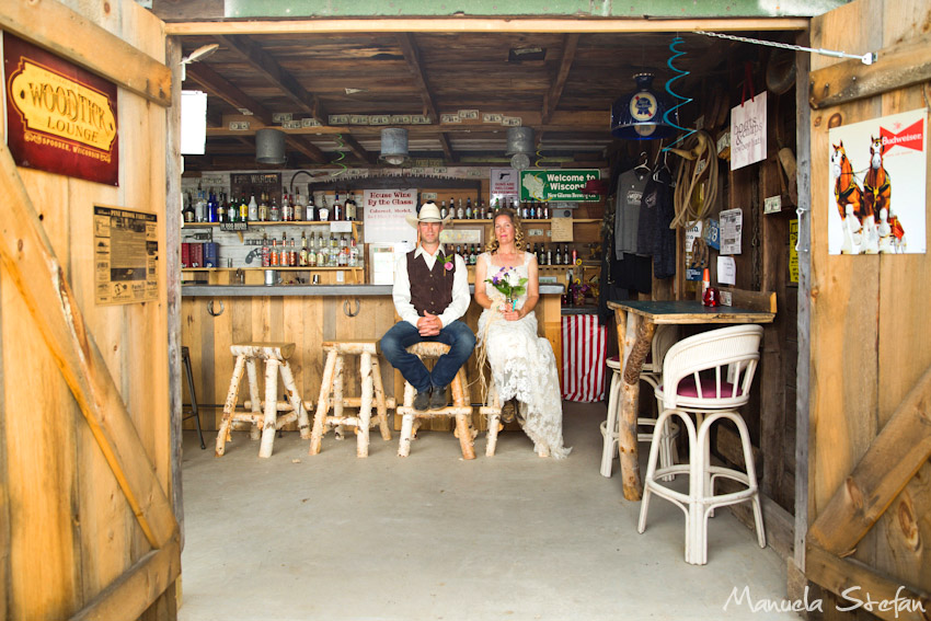 Bride and groom portraits at Woodtick Lounge Spooner WI 