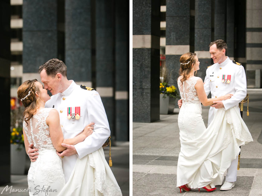 Bride and groom downtown